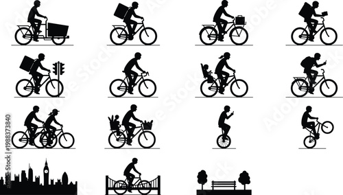 Collection of black silhouette icons featuring various people riding bicycles including delivery couriers commuters parents with children and cyclists in urban city park settings.