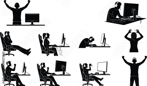 Collection of black silhouette icons featuring various professional eSports gamers and streamers wearing headsets while playing video games and celebrating victories at computer desks.