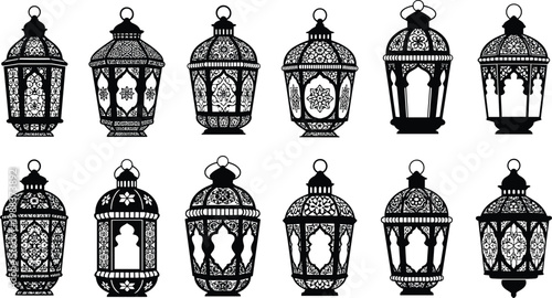 Collection of black silhouette traditional Arabic lanterns with intricate floral patterns and geometric ornaments for Ramadan Kareem celebration isolated on white background set.