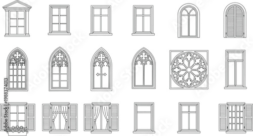 Collection of Traditional and Gothic Window Line Art Icons Including Arched Rose Casement and Classical Architectural Frames with Shutters for Building Design Elements