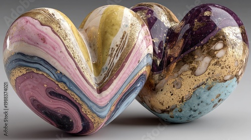 Two glossy, heart-shaped objects with swirling marbled patterns in various colors