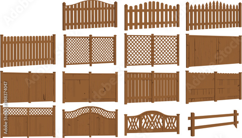 Collection of various wooden fence designs including picket lattice and privacy styles isolated on white background for garden landscaping home improvement and architectural visualization projects.