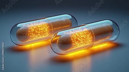 Two glowing orange capsules, clear glass, lit from within