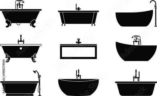 Comprehensive collection of black bathtub silhouette icons featuring vintage clawfoot tubs and modern freestanding bathroom fixtures with faucets isolated on white background for design.