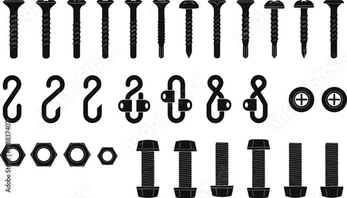 Comprehensive collection of black silhouette hardware icons including various screws bolts metal nuts hooks and fasteners isolated on white background for construction industrial and repair projects.
