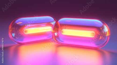 Two glowing, translucent capsules in vibrant pink and blue