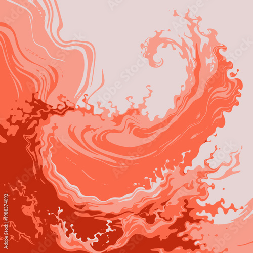 Vibrant orange and red swirling liquid patterns create dynamic abstract illustration