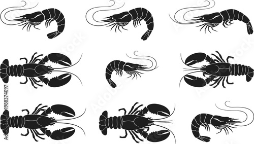 Flat vector silhouette set of various seafood species including lobster and shrimp isolated on white background for restaurant menus and fresh seafood market designs