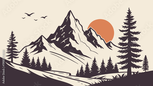 Sunset landscape with mountain peaks and pine trees silhouette, mountain