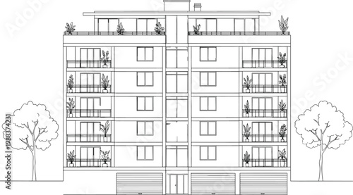 Modern apartment building facade vector line art illustration featuring multiple floors balconies with plants penthouse terrace and green trees on white background