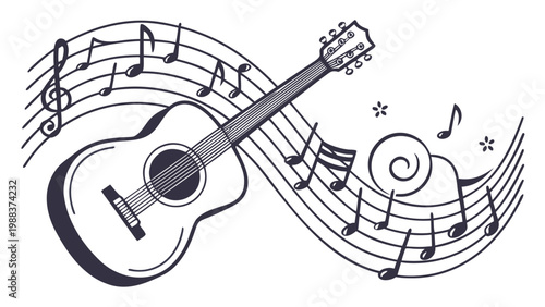 Acoustic guitar with musical notes and staff lines artistic illustration