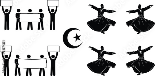 Vector illustration set featuring whirling dervish silhouettes sufi dancers crescent moon star symbol and stick figures holding blank protest banners and signs for message