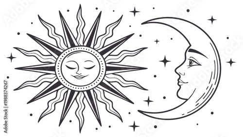 Celestial sun and moon illustration with stars and decorative faces, celestial