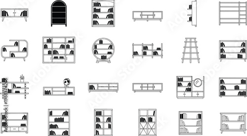 Vector line art illustration set featuring various bookshelf designs and home furniture pieces including cabinets library cases and shelves isolated on a white background