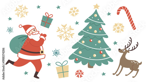 Santa claus running with gift bag near christmas tree and reindeer, christmas