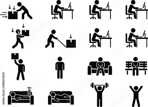 Vector pictograms of human stick figures engaging in various daily activities like working on a computer lifting weights carrying boxes and resting on a sofa