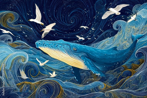 A beautiful blue whale gracefully swims through stylized waves and swirling waters. The serene ocean scene also features elegant flying birds. Perfect for ocean lovers. AI.