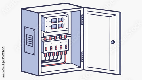 Open electrical distribution cabinet with circuit breakers and wiring, switches