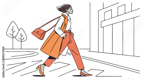 Stylish woman walking in orange coat and trousers vector art with trousers