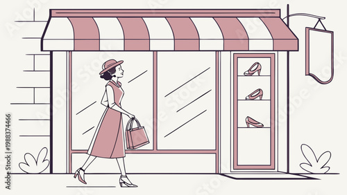 Stylish woman walking past a shoe storefront window display with boutique