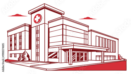 Modern hospital medical building exterior with red cross icon graphic, hospital