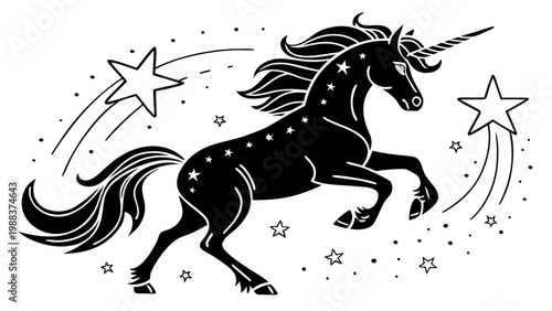 Black unicorn graphic with shooting stars illustration silhouette mythical