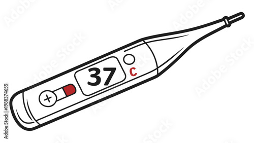 Digital medical thermometer showing temperature with thermometer, temperature