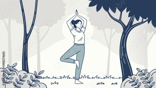 Woman practicing tree yoga pose in forest setting minimalist outline graphic