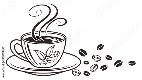 Steaming hot cup of coffee with roasted beans sketch illustration, beverage