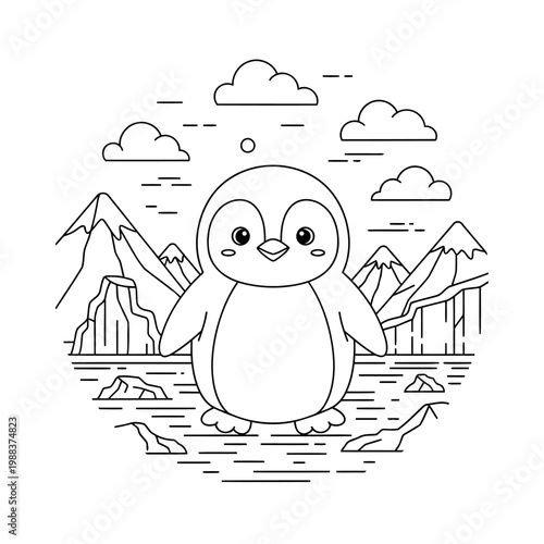 Cute Penguin in Arctic Landscape Coloring Page for Kids - Vector Line Art Illustration with Mountains and Icebergs