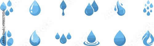 water drop icons set, blue liquid droplet symbols collection for rain moisture hydration and weather concepts vector isolated on transparent background