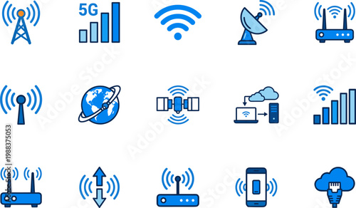 wifi wireless network icons set, internet connection symbols with router antenna satellite signal tower cloud upload and modem technology vector isolated on transparent background