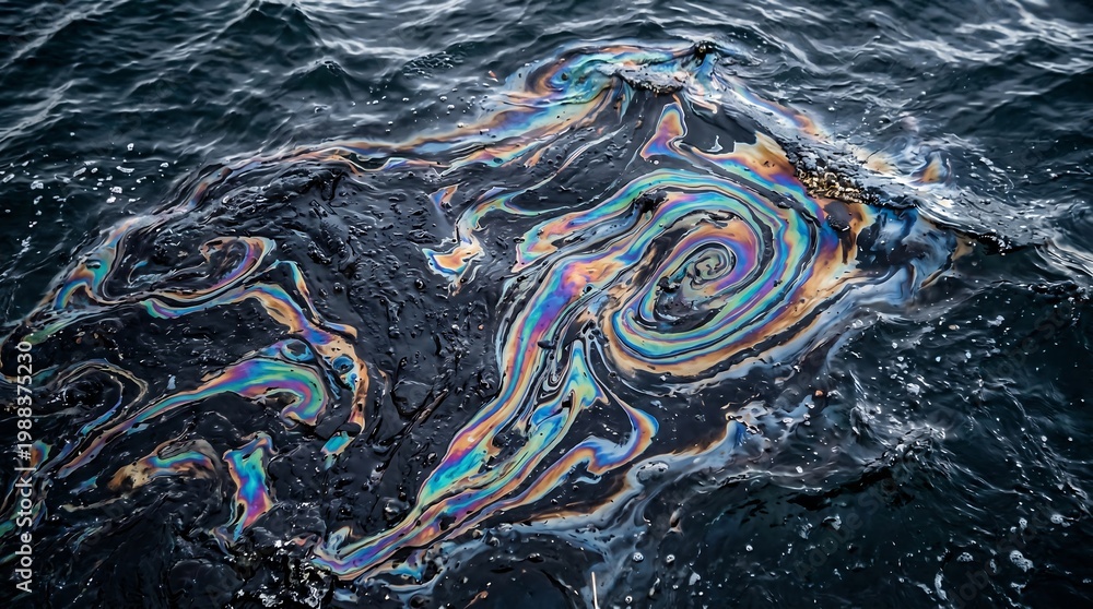 Fototapeta premium A vibrant oil spill spreads across the dark ocean water creating a swirling rainbow pattern on the surface