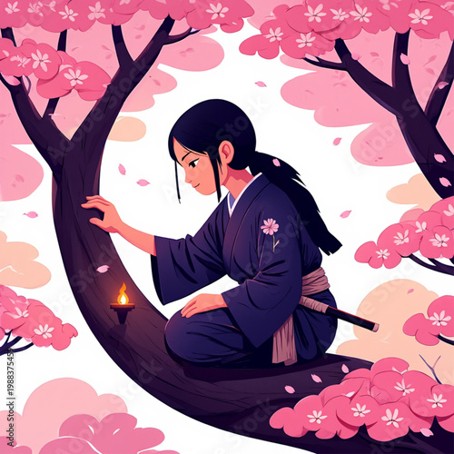 Japanese Kunoichi in Shadow Camouflage on Sakura Branch Ambush Scene Vector Art