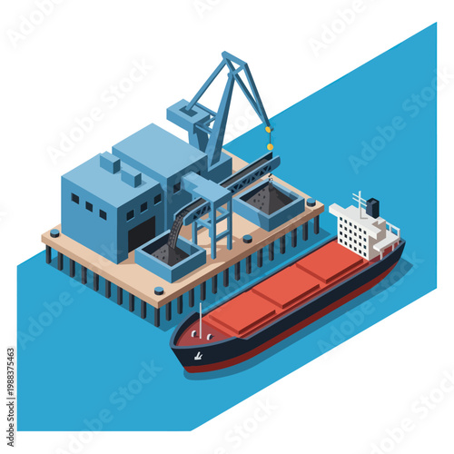 Isometric Illustration of Cargo Ship Loading at Port Terminal.