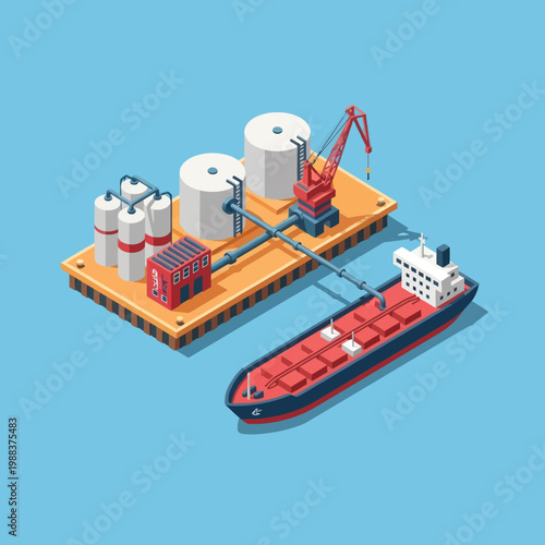 Isometric Oil Refinery and Cargo Ship Illustration on Blue Background.