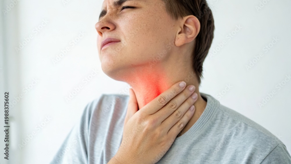 Fototapeta premium Young man with a painful expression holding his inflamed throat, indicating discomfort or sore throat symptoms.