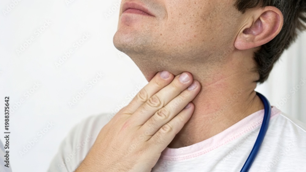 Fototapeta premium A man examines his throat for pain or swelling, touching his neck gently while wearing a stethoscope, suggesting a medical or health context.