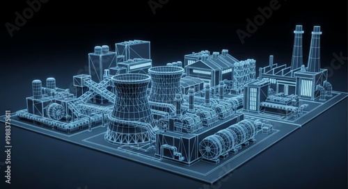 Futuristic Industrial Power Plant Blueprint Hologram.
