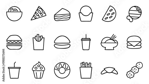 A simple white line drawing of a cardboard container filled with long french fries positioned in the center of a deep black background.