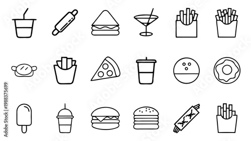 A set of twenty minimalist white line icons depicting various fast food items and takeaway containers arranged in a grid on a black background.