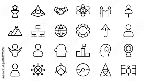 Twenty-four white line icons representing corporate training and upskilling aspects displayed in a structured grid layout on a black backdrop.