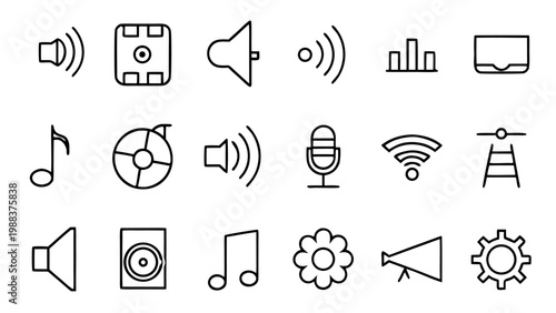 Fifteen white vector line icons representing telecommunications methods like satellite dishes and wifi signals arranged in a grid on black.