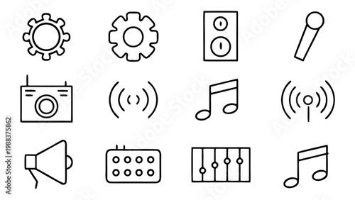 Fifteen white line icons illustrating global networking and public announcements presented in a precise grid layout on a solid black field.
