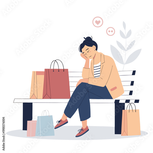 Tired Man Sitting on Top of Many Shopping Bags After Long Day at Mall