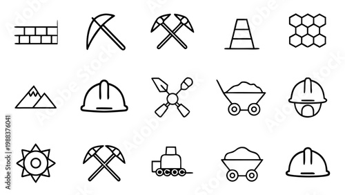 Various white outline icons depicting mountain landscapes and explosive materials for mining activities on a dark black background.
