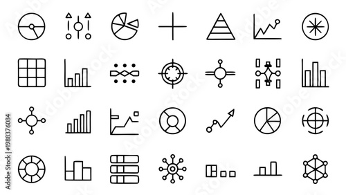 A series of white outline icons for time management and statistical growth tracking displayed on a plain black background.