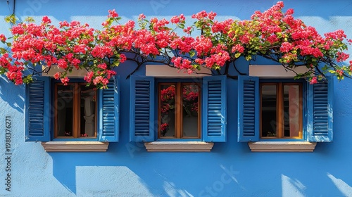 Vibrant blue wall with pink bougainvillea-covered windows