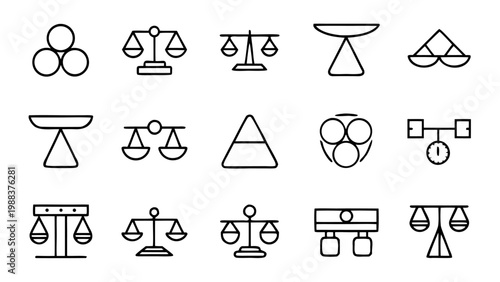 A collection of white linear balance and equilibrium icons is arranged in a grid pattern against a solid black background.