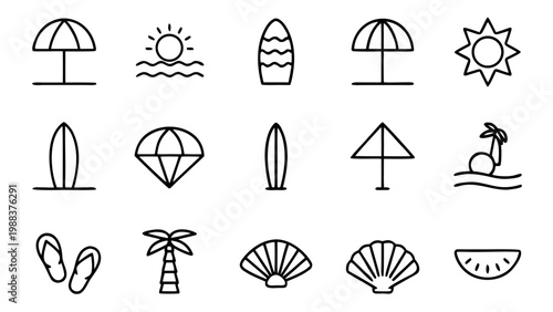A set of thin white line icons depicting summer and beach elements is organized into rows on a dark uniform background.